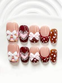 Bộ 10 móng giả gel phong cách cô gái ngọt ngào, móng acrylic, nơ hồng, đính đá lấp lánh hình trái tim, decal móng tay chấm bi nhiều màu sắc vẽ tay, sơn móng tay màu be & hồng, quà tặng chất lượng dành cho phụ nữ và bé gái, bao gồm dụng cụ làm móng (1 miếng dán gel + 1 dũa móng), có 3 kích cỡ: vuông, hạnh nhân, vuông ngắn, dụng cụ làm móng thủ công. - Nhiều màu - Xem 4