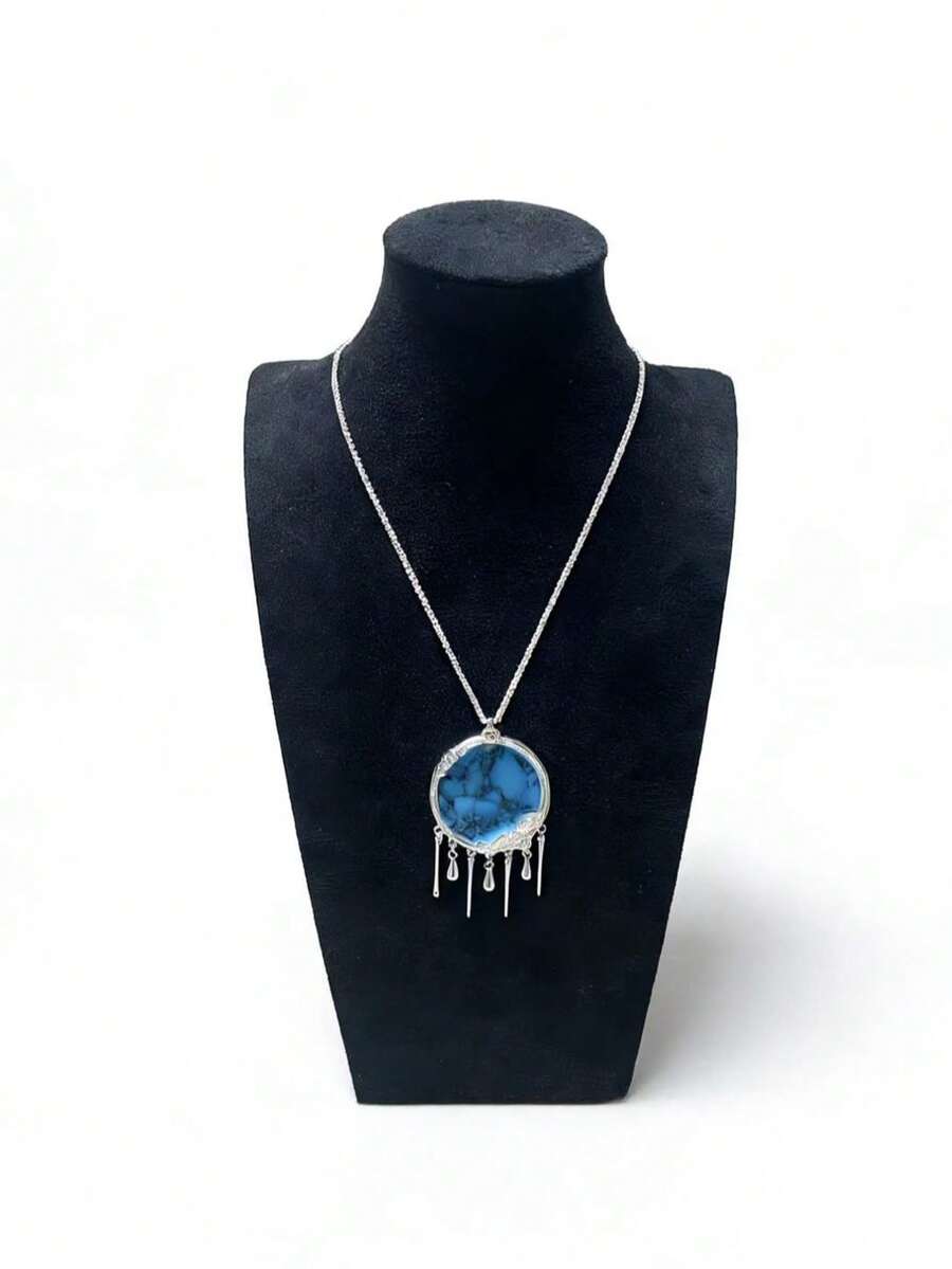 1件大理石纹和绿松石图案吊坠项链，银色流苏吊坠，时尚奢华女士项链 - 圓型 - 查看 1