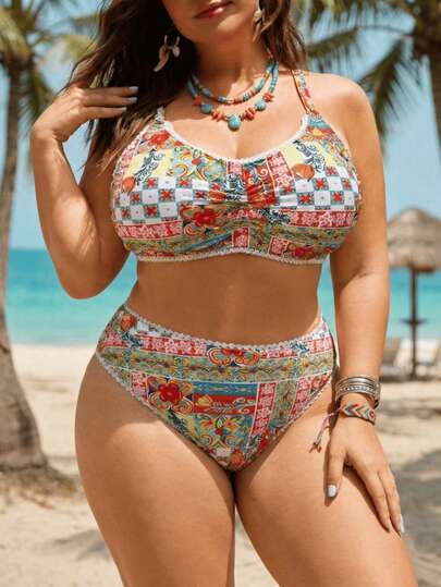 大码女士优雅性感热带印花两件式吊带比基尼套装，荷叶边蕾丝质感泳衣，适合度假、海滩约会、情人节、狂欢节波西米亚风泳装套装
