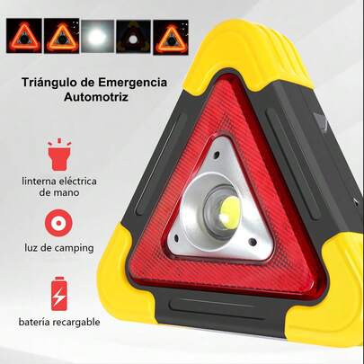 Triángulo de emergencia automotriz, recargable solar/USB, multifunción con linterna y capacidad de cargar móvil, ideal para campamentos y reparaciones nocturnas