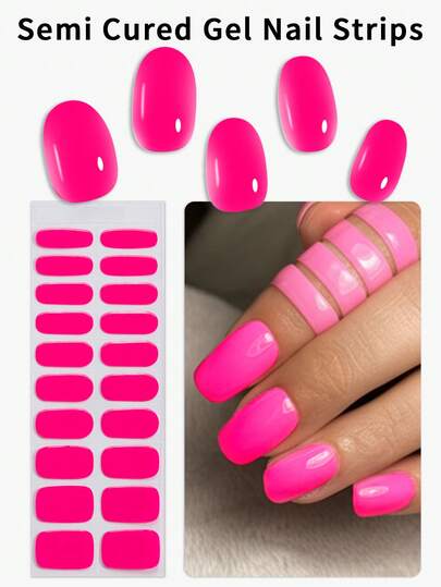 20 st. enfärgade halvhärdade gelnagelremsor, rosa UV-gelnagelklistermärken, salongskvalitet, UV-lampa krävs, lämplig för damer, gör-det-själv-nagelkonstmaterial.