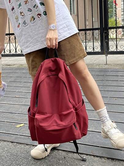 Large Capacity Solid Color Minimalist College Style Fashion Backpack, Versatile Student Backpack Suitable For Elementary, Middle, High School And University