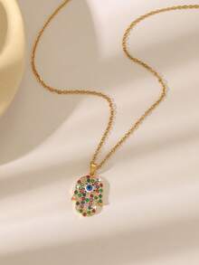 女士奢华星空圆盘/法蒂玛之手/星月镶钻吊坠项链，高光泽镀金锆石项链，适合工作和约会等各种场合，金色首饰 - 金色 - 查看 4