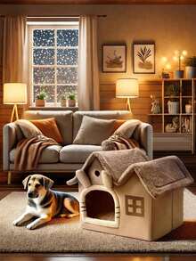 1pc Double Roof Cat House Dog House, Foldable Cartoon Shaped Pet House, Detachable And Washable Pet Bed Suitable For Small Dogs And Cats, Removable Cushion And Non-Slip Bottom - Black Window Style - View 2