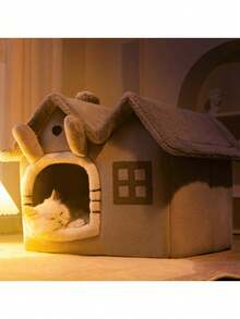 1pc Double Roof Cat House Dog House, Foldable Cartoon Shaped Pet House, Detachable And Washable Pet Bed Suitable For Small Dogs And Cats, Removable Cushion And Non-Slip Bottom - Black Window Style - View 3