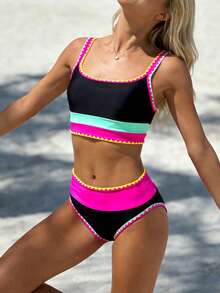 Women's High Waisted Bikini Set Fashion Contrast Color Sporty Two Piece Tummy Control Bathing Suit For Beach Pool - Black - View 3