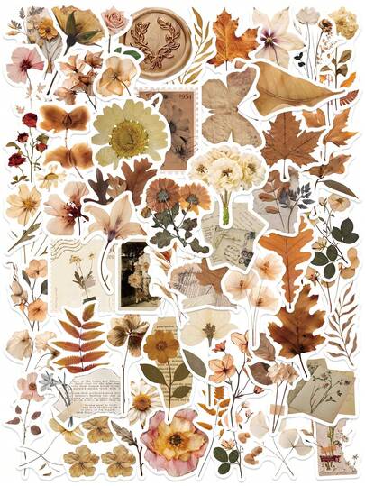 60PCS Dried Flowers Leaves Stickers Vintage Aesthetic Nature Plant Decals Realistic Pressed Floral Art For Journal Planner Scrapbook Album Diary Envelope Laptop Phone Case Water Bottle DIY Crafts Decor