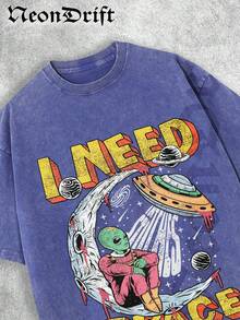 NeonDrift Halloween, Christmas, Thanksgiving Gifts-Alien UFO Graphic T-Shirt: Bold Cosmic Design For Sci-Fi Enthusiasts - Perfect For Festival Wear And  Outfits - 寶藍色 - 查看 2