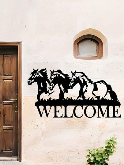 1 pieza Cartel de bienvenida de metal de 12 pulgadas, decoración vertical de entrada, diseño rústico de 3 caballos - Elegante decoración de pared de hierro para el hogar y el rancho, regalo perfecto para amantes de los caballos y entusiastas de la caza, decoración ecuestre y al aire libre, regalo para amantes de los caballos, excelente para la decoración de la habitación, la decoración de la entrada, el regalo para el hogar, el diseño de fuente, la decoración de pared interior, la sala de estar o la pared del porche