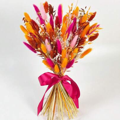 Brudbukett med färgade blommor, naturligt pampasgräs, kaninsvansar, babys andedräkt, eukalyptus, bohemiska blomsterarrangemang, för inomhusbruk, höst, hem, bondgård, thanksgiving, bordsdekorationer, höst, bröllopsdekorationer, vår, alla hjärtans dag, mors dag, bröllopsdekorationer