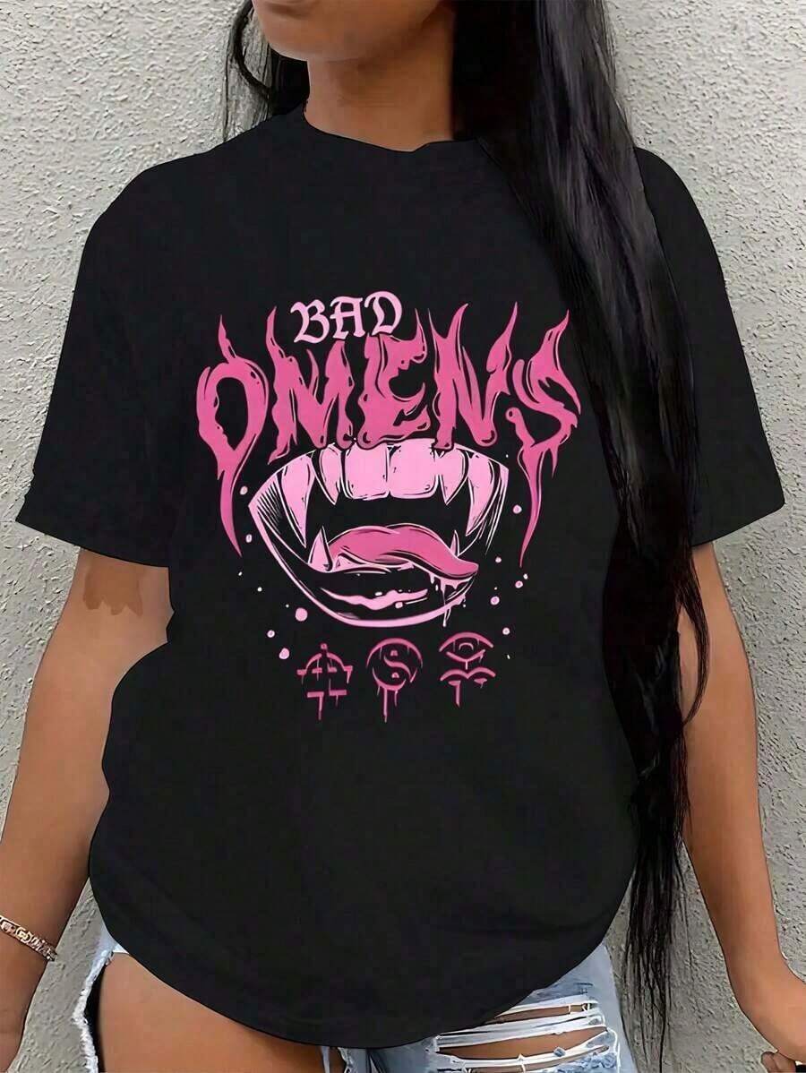Women's Hip-Hop Short-Sleeved Shirt180g Pure Cotton Short Sleeved Single-Sided Printed T-Shirt, 100% Pure Cotton T-Shirt, "Bad Omen, Interesting Printed Pattern". Retro Hip-Hop Style, Street Y2K Printed Short Sleeved Top, Sports T-Shirt. Suitable For Spring Valentine's Day, Summer St. Patrick's Day Gift Selection, Party Gifts, And Essential Gifts For The Start Of School Season. Neutral Casual Round Neck T-Shirt. Roomy And Comfortable - 黑色 - 查看 1