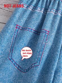 Girls' Summer Heart All-Over Denim Print Elastic Waist Wide Leg Pants, Retro Casual All-Match Trousers - Light Wash - View 5