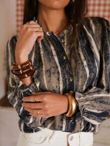 Blusa de manga larga con cuello de volantes a rayas lavadas estilo bohemio para mujer, top elegante de poliéster para vacaciones de otoño - Caqui - Ver 1