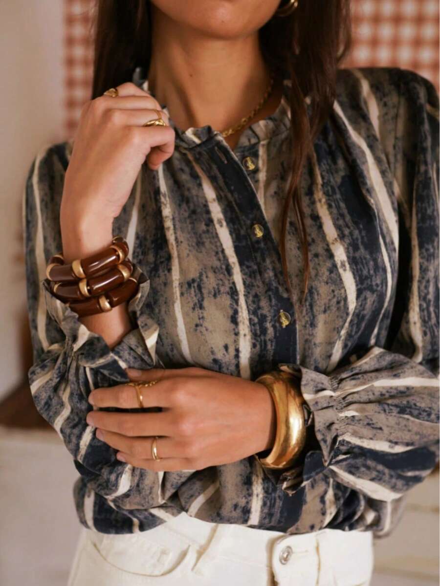 Blusa de manga larga con cuello de volantes a rayas lavadas estilo bohemio para mujer, top elegante de poliéster para vacaciones de otoño - Caqui - Ver 1