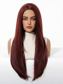 Romantic Wine Red Middle Part Straight Wig - Suitable For Valentine's Day Dates, Anniversary Dinners, And Other Romantic Occasions - Burgundy - View 4