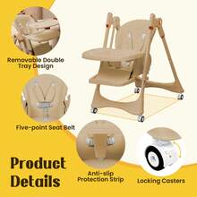 GCCSJ 6-In-1 Foldable Baby High Chair – 5 Height, Locking Wheels, Removable Tray, 5-Point Harness, Soft PU Seat, Space-Saving For Home & Travel – Best Gift - 奶咖棕+萬向輪 - 查看 6