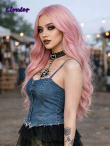 clouder Gothic Punk Pink Long Wavy Curly Wig 26-Inch Center-Parted Bangs Heat-Resistant Synthetic Fiber Wig Women's Soft And Fluffy Curls Perfect For Daily Cosplay, Street Style, Holiday Parties, Music Festivals, Y2K Aesthetic, Avant-Garde College Chic, Modern Fashion Punk Looks - 粉色 - 查看 3