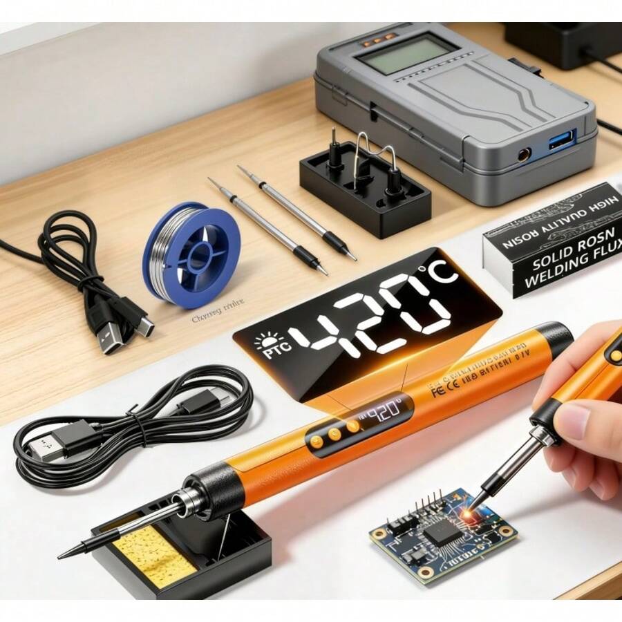 1 Conjunto Ferro de Solda Mini com Temperatura Ajustável, Kit de Ferro de Solda Portátil Recarregável por USB para Reparo de Eletrodomésticos, Fabricação de Joias, Projetos DIY - Inclui Ferro de Solda, 3/1 Pontas de Solda, Suporte, Resina, Caixa de Armazenamento