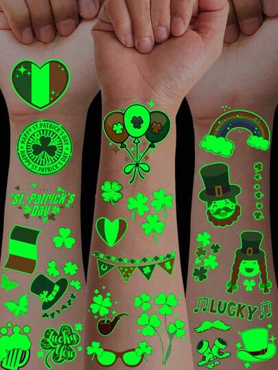 12 Sheets Lucky Clover St.Patrick's Day Luminous Tattoo Stickers, Waterproof Green Clover Balloon Hat Rainbow Pipe Love Shamrock Pattern, Saint Patrick's Day Festival Party Favors Decoration, Perfect For Music Festival Party Nightclub, Lasting 2-5 Days