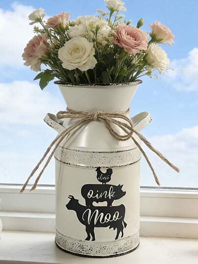 Vintage Farmhouse Style Iron Vase, Distressed White Cow, Pig, Chicken Print Flower Pot, Essential For Rustic Home Decor. It Can Be Used To Hold Fresh Or Dried Flowers, And Also As A Standalone Decorative Piece, Perfect For Placing On Kitchen Windowsills, Dining Tables Or Entryways, Infusing Your Home With A Warm, Countryside Ambiance. An Ideal Choice For Fans Of Farmhouse And Vintage Styles.