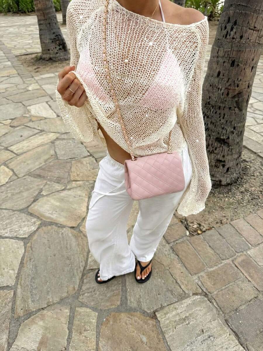 FOR BEAUTY Women's Spring/Summer Low Round Neck Long Sleeve Crochet Knit Sweater Top, Lightweight Loose Beach Cover-Up Casual Pullover Vacation White