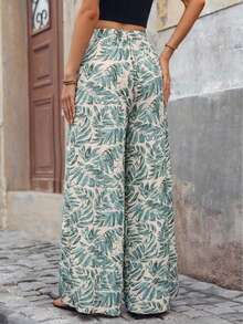 Plus Size Women's High Waist Floral Chiffon Wide Leg Loose Flowy Pants Spring - Green - View 4