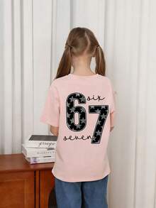 少女星元素六七67卡通印花T恤，时尚百搭休闲上衣，适合女孩日常休闲穿着 - 粉色 - 查看 2