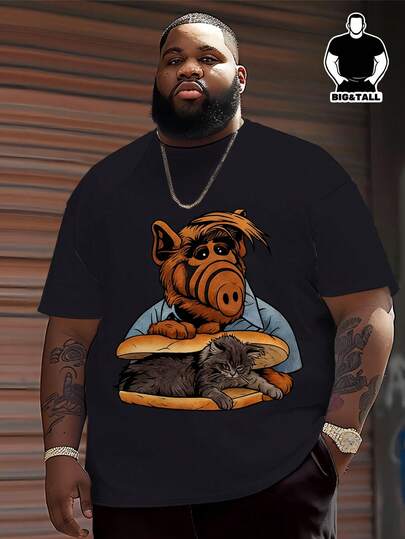 Plus Size Big & Tall Black Background ALF Cat Burger Graphic T-Shirt | Classic Retro Cartoon American Style Cool Vintage Short Sleeve Top