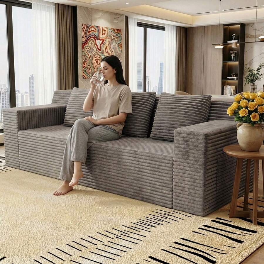 Modern 3-Seater Love Seat Sofa Couch In A Box, No Assembly Required, High-Density Foam Plush Corduroy Loveseat Couch With Throw Cushions And Wider Armrest For Home Office - Lạc đà - Xem 1
