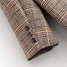 Classic Plaid Elegant Retro Chic Urban Commuter Office Blazer Jacket, Woven Non-Stretch Fabric, Long Sleeve, Button Closure, Pockets - Maroon - View 8