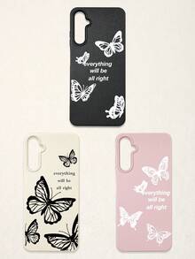 3pcs Butterfly Pattern Phone Cases, Motivational Slogan Positive Energy Phone Cases, Faux Leather Texture Black White Pink Shockproof Protective Covers, Compatible With IPhone & - Multicolor - View 16