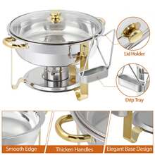 5QT 4 Packs Chafing Dish Buffet Set Gold Accent,  Round 316 Stainless Steel Buffet Warmer Chafers And Warmers Sets With Glass Lid & Lid Holder For Valentine's Day Gatherings Catering Events Parties Weddings Dinners - Nắp kính mạ vàng một phần với họa tiết hoa mai. - Xem 14