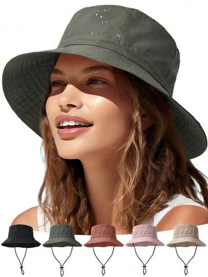 1PC Unisex Solid Color Drawstring Decor Bucket Hat,Activities,Foldable & Packable Bucket Hat,Windproof Drawstring Adjustable Sun Hat, Outdoor Sport Water Resistant Quick-Dry Cap, Suitable For Daily Outdoor Leisure Sun Protection, Spring/Summer Travel Essential