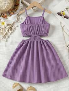 女童紫色无袖露脐连衣裙，侧边镂空+松紧腰，褶皱纹理喇叭裙摆，夏季度假时尚装扮 - 淡紫色 - 查看 6