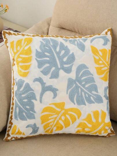 1pc Tropical Plant Pattern Throw Pillow Cover, Blue & Yellow Color Block 3D Chain Embroidery, Canvas Material Cushion Cover, Monstera Leaf Inspired Decor For Living Room Sofa, Bedroom, Window, 17.7*17.7 Inches (45*45cm), Pillow Insert Not Included