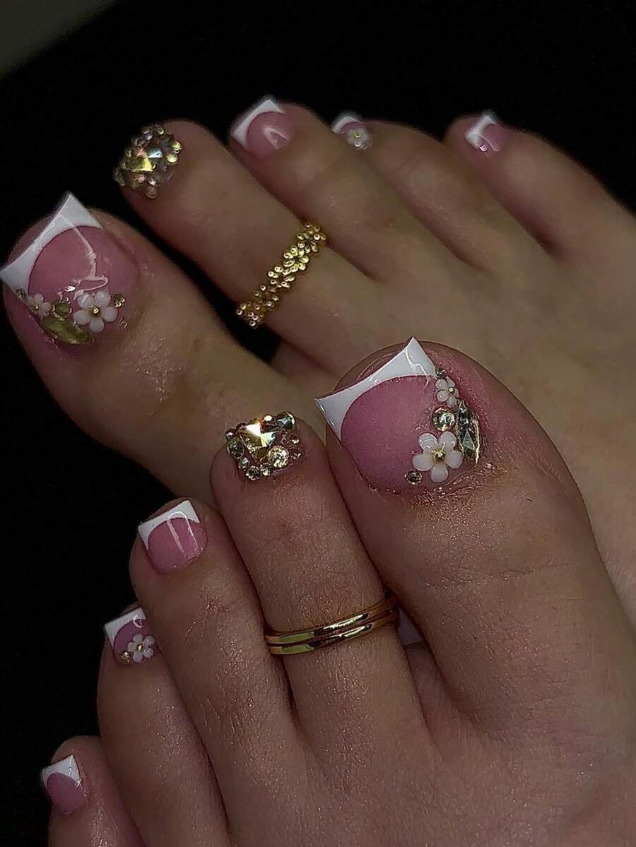 24 móng chân giả acrylic hình hoa Pháp, móng chân giả vuông ngắn, móng giả dán trang trí 3D ngọc trai vàng tự làm, thích hợp cho tiệm làm móng, sử dụng hàng ngày, dịp lễ và làm quà tặng. - Nhiều màu - Xem 1