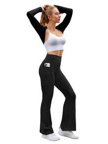 LKESRC Women's High Waisted Pocket Yoga Pants Seamless Flare Bootcut Athletic Casual Trousers - 黑色 - 查看 5