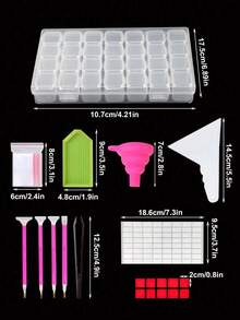 5D钻石画工具配件，包括粉色漏斗、28格钻石收纳盒、点钻笔、点钻盘，适用于钻石画爱好者和大型钻石画制作。 - 彩色 - 查看 5