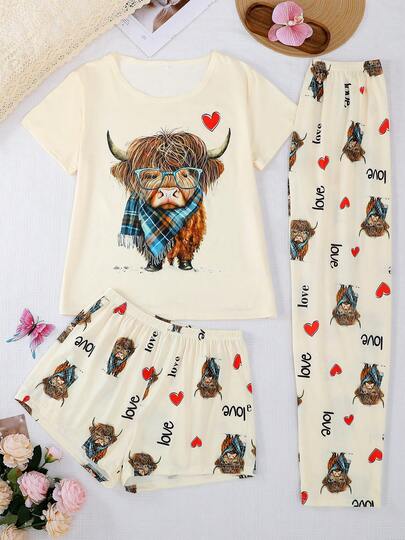 [Livanti Pajamas]3pcs Sets Women's Sleepwear, Short Sleeve Top, Shorts & Pants, Comfortable Loose Fit, Suitable For All Seasons, Plaid Scarf With Highland Cow Print Pattern