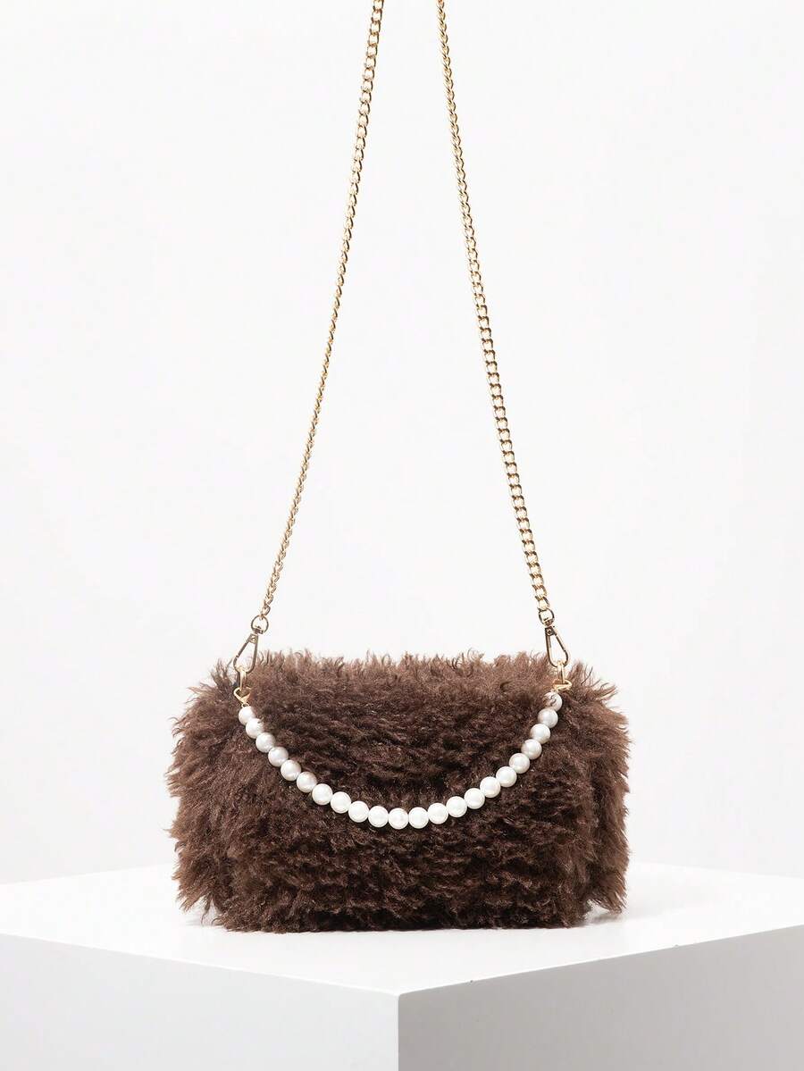 Metall Kette Umhängetasche, Perlen Tasche, Plüsch Geldbörse, elegante Damen Geldbörse, Damen Geschenk, geeignet für Valentinstag, Herbst/Winter, Y2K Stil, einzigartig, süß, täglich, Einkaufen, Dating - Braun - Übersicht 1