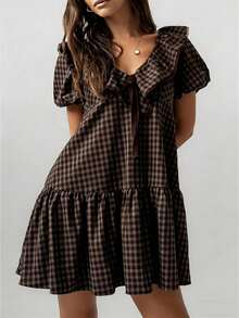 Women Mini Dress Short Sleeve V Neck Plaid Dress Loose Summer Dress For Casual Daily Dating - 咖啡 - 查看 1