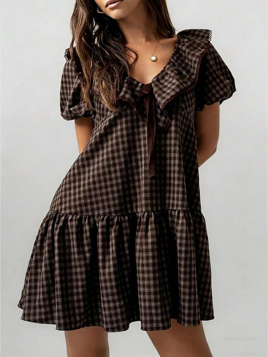 Women Mini Dress Short Sleeve V Neck Plaid Dress Loose Summer Dress For Casual Daily Dating - 咖啡 - 查看 1