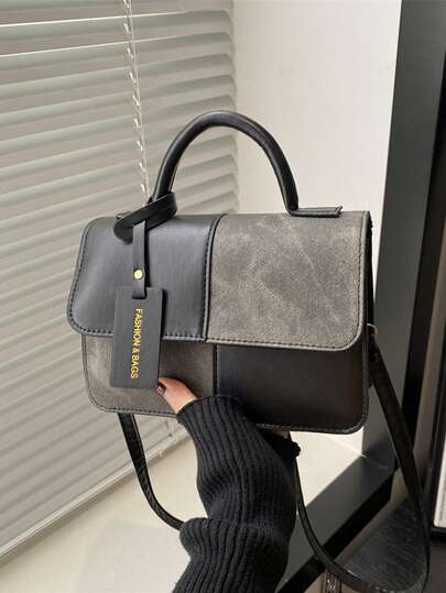 Bolso bandolera de moda con costuras en contraste a cuadros, billetera cuadrada con cadena de metal, adecuado para ir de compras