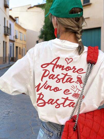 Summer New Minimalist Fashion Italian Wine & Pasta Letter Print Casual Round Neck Short Sleeve T-Shirt, Versatile & Stylish Women Top