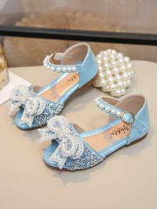 Girls Princess Flat Sandals Bow Color Diamond Pearl Embellished Shoes - Blue - View 5
