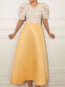 1pc Jacquard Patchwork Elegant Jacquard Puff Sleeve Midi Dress, Elegant Attire For Filipiniana, Holidays, Weddings, Vacations, Birthdays, Dates, Spring/Summer, Champagne Color - Champagne - View 4