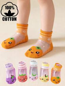 5双装纯棉儿童卡通水果图案透气柔软舒适时尚百搭袜子 - 彩色 - 查看 7
