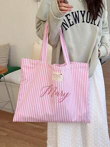 Customizable Striped Tote Bag With Name Logo And Floral Text, Canvas Underarm Handbag, Large Capacity Beach Tote And Shoulder Bag - Pink - View 4