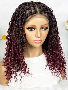 More Beautiful Full Lace Knotless Braided Wig With Curly Ends – 180% Density Handmade Synthetic Lace Front Wig For Women - #1B/99J - Xem 2