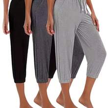 3pcs Women's Solid Color Harem Jogger Pants With Drawstring Waist & Slant Pocket - Medium-Stretch Casual Pants Suitable For Spring/Fall,, Lounge, Casual Attire - 3pcs Pack - 黑色+淺灰色+深灰色 - 查看 4